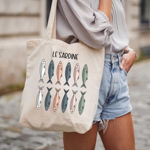 Fischer Ästhetische Tragetasche, Le Sardine Baumwollleinentasche - Nautische Tragetasche, Küstenschultertasche, Strandtasche, Angeln Geschenk, Ozean thematisiert