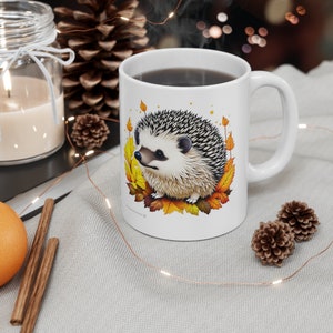 Hedgehog & Fall Leaves Ceramic Mug 11oz Autumn Cute Animal Hedgehog Mom