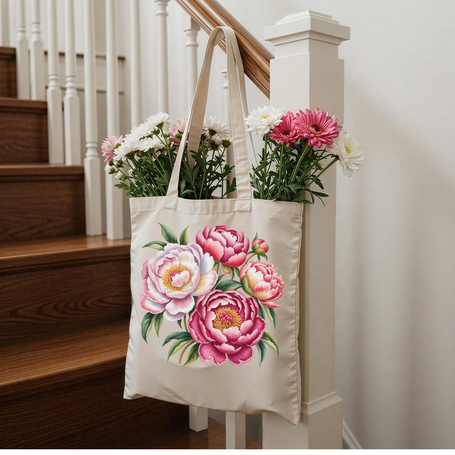 Floral Cotton Canvas Tote Bag, Peonies Tote Eco-friendly Shopping Tote ...