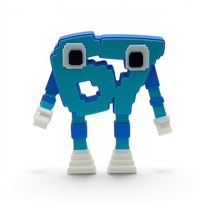 May include: A blue and turquoise number 67 character in a pixelated style, with blocky limbs and feet. The character has black square eyes and white square hands. The feet are white with a stepped design.