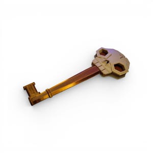 Può includere: Una chiave decorativa con una testa a forma di teschio e un lungo fusto strutturato. La chiave presenta una combinazione di colori marrone e oro, con il teschio in una tonalità beige più chiara. La chiave è progettata con dettagli intricati, suggerendo un tema fantasy o gotico.
