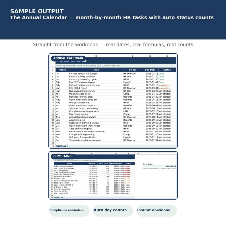 HR Annual Planning Calendar Spreadsheet | Compliance Deadlines, Open Enrollment & Review Cycle | Excel Google Sheets