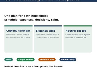 Co-Parenting Plan Template | Custody Schedule, Expense Split Calculator & Communication Log | Excel and Google Sheets