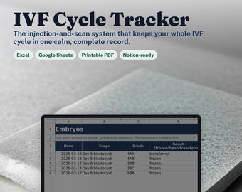 IVF Cycle Tracker | IVF Injection & Medication Schedule + Blood Test and Follicle Scan Log | Google Sheets Excel Spreadsheet, Embryo Tracker