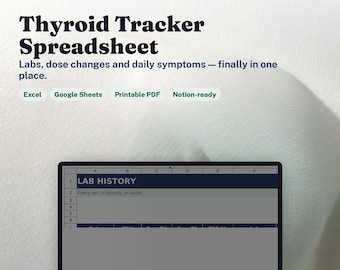 Thyroid Tracker Spreadsheet | Hypothyroidism & Hashimoto's Symptom Log, TSH T4 T3 Labs, Dose History, Doctor Report | Excel Google Sheets