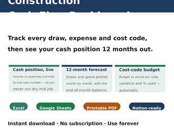 Construction Cash Flow Spreadsheet | Contractor Budget & Expense Dashboard | 12 Month Forecast Excel Google Sheets