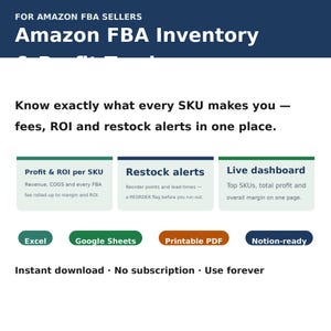 Amazon FBA Inventory & Profit Tracker Spreadsheet | Sales, Fees, ROI and Restock Alerts | Excel Google Sheets
