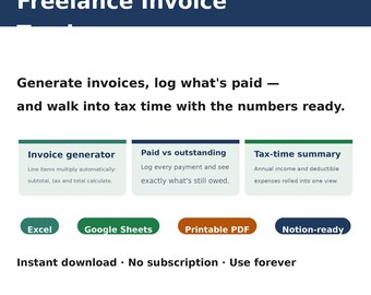 Freelance Invoice Tracker Spreadsheet | Invoice Generator and Client Tracker for Consultants | Excel and Google Sheets Tax Summary