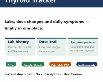 Schilddrüsen-Tracker-Tabelle | Symptomtagebuch für Schilddrüsenunterfunktion und Hashimoto-Thyreoiditis, TSH-, T4- und T3-Werte, Dosisverlauf, Arztbericht | Excel Google Sheets
