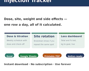 GLP-1-Tracker-Tabelle | Semaglutid- und Tirzepatid-Injektionsprotokoll, Gewichtsverlust, Dosistitration, Standortrotation | Excel Google Sheets