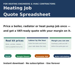 Foglio di calcolo per preventivi di riscaldamento HVAC / Calcolatore di preventivi per lavori su caldaie, radiatori e pompe di calore con manodopera, ricarico e IVA / Excel Google Sheets