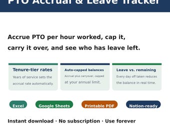 PTO Accrual Calculator & Leave Tracker Spreadsheet | Excel and Google Sheets | Employee Vacation and Time-Off Balance for Small Business