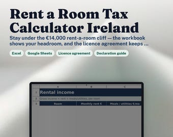 Rent a Room Tax Calculator Ireland | Licence Agreement Template | 14,000 euro Relief Spreadsheet | Lodger | Excel and Google Sheets