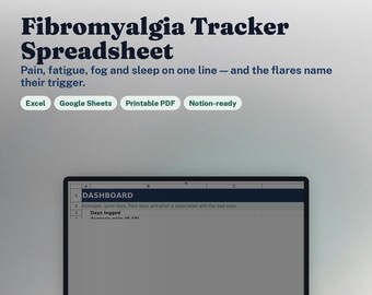 Planilha de acompanhamento da fibromialgia | Registro de dor, fadiga e névoa mental com rastreador de crises e relatório médico | Planilhas Excel e Google