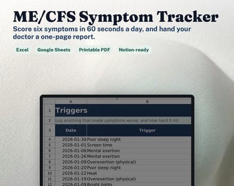 ME/CFS Symptom Tracker | Chronic Fatigue Symptom Journal, Severity Scoring + Auto Doctor Report, Flare Tracking, Excel & Google Sheets