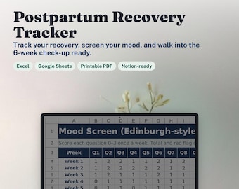 Postpartum Recovery Tracker | New Mom Postnatal Recovery Journal + Edinburgh Mood Screening, Google Sheets Excel, Doctor Report