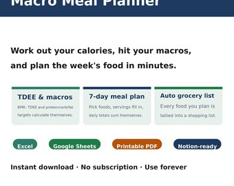 Macro Meal Planner Spreadsheet | TDEE Calorie & Macro Calculator, 7-Day Meal Plan and Grocery List Template for Excel and Google Sheets