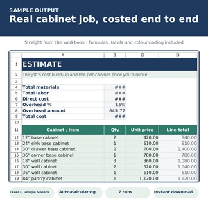 Cabinet Shop Estimating Spreadsheet | Millwork Cost Calculator, Materials, Labor & Profit Margin | Excel Google Sheets