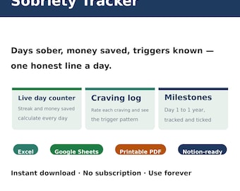 Sobriety Tracker Spreadsheet | Day Counter, Money Saved, Craving & Trigger Log | Excel Google Sheets | Alcohol Free Gift
