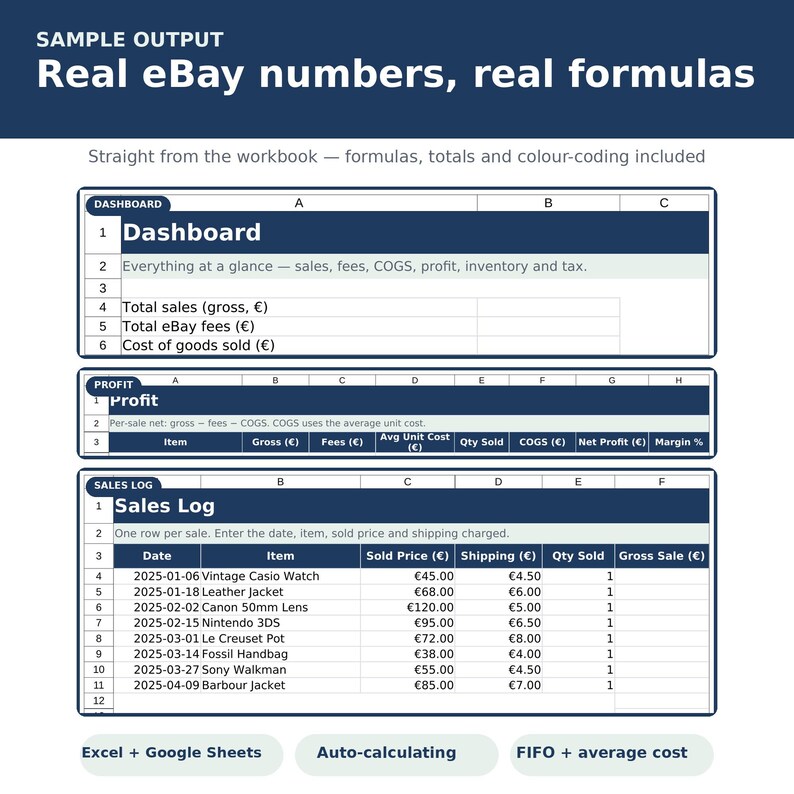 eBay Tax and COGS Tracker Spreadsheet | Reseller Profit, Fees & Inventory Valuation | Excel Google Sheets