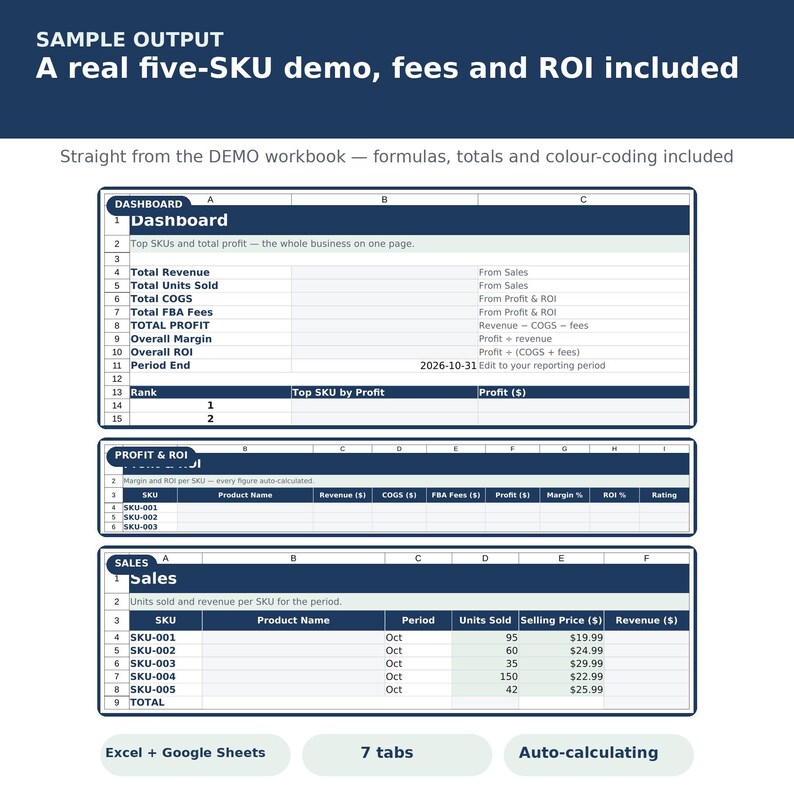 Amazon FBA Inventory & Profit Tracker Spreadsheet | Sales, Fees, ROI and Restock Alerts | Excel Google Sheets
