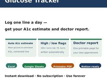Blutzucker-Tagebuch-Tabelle | Diabetes-Glukose-Tracker für Excel & Google Sheets | HbA1c-Schätzung, Warnmeldungen für hohe/niedrige Werte, Arztbericht