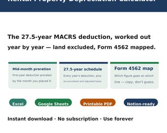 Rental Property Depreciation Calculator | 27.5-Year MACRS Spreadsheet for Landlords | Excel and Google Sheets | Form 4562
