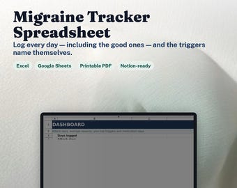 Migraine Tracker Spreadsheet | Headache Diary Excel Google Sheets | Attack Log, Triggers, Severity, Medication Days, Neurology Report