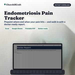Könnte beinhalten: Ein digitaler Endometriose-Schmerz-Tracker von ChurchillCraft mit Sofort-Download. Die Benutzeroberfläche zeigt eine Arztbericht-Tabelle, die mit Excel, Google Sheets, Notion und als druckbares PDF kompatibel ist.