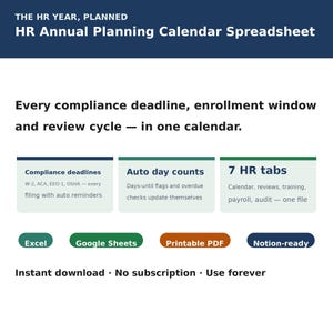 HR Annual Planning Calendar Spreadsheet | Compliance Deadlines, Open Enrollment & Review Cycle | Excel Google Sheets