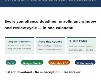 Kalkylblad för HR-årsplaneringskalender | Efterlevnadsfrister, öppen registrering och granskningscykel | Excel Google Sheets