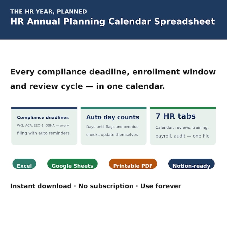HR Annual Planning Calendar Spreadsheet | Compliance Deadlines, Open Enrollment & Review Cycle | Excel Google Sheets