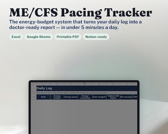 ME/CFS Pacing Tracker | Chronic Fatigue Energy Budget + PEM Crash Log | Heart-Rate Pacing Planner, Google Sheets Excel, Doctor Report