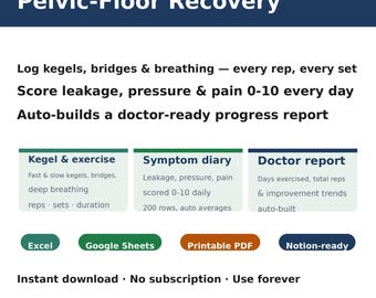 Beckenboden-Regenerations-Tracker – Kegel-Protokoll & Symptomtagebuch mit automatischem Arztbericht (Excel + Google Sheets, druckbar)