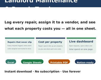 Landlord Maintenance Manager Spreadsheet | Repair Requests, Work Orders & Property Costs | Excel Google Sheets