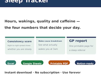 Sleep Tracker Spreadsheet | Excel and Google Sheets Sleep Quality, Hours, Wakings and Energy Log | Night-to-Night Consistency + GP Report