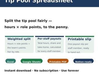 Tip Pool Spreadsheet for Restaurants & Bars | Weighted Shift Payout and Tip-Out Calculator | Excel and Google Sheets