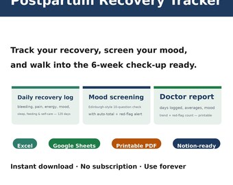 Wochenbett-Erholungsprotokoll | Tagebuch zur Erholung nach der Geburt für frischgebackene Mütter + Edinburgh-Stimmungsscreening, Google Sheets, Excel, Arztbericht