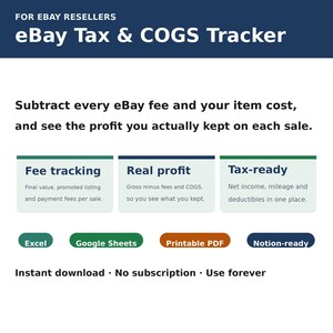 eBay Tax and COGS Tracker Spreadsheet | Reseller Profit, Fees & Inventory Valuation | Excel Google Sheets