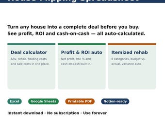 House Flipping Spreadsheet | Fix & Flip Deal Calculator with ARV, Rehab Budget, Holding Costs and ROI | Excel Google Sheets