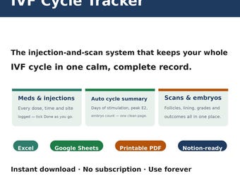 IVF-Zyklus-Tracker | IVF-Injektions- und Medikamentenplan + Bluttest- und Follikelscan-Protokoll | Google Sheets, Excel-Tabelle, Embryo-Tracker