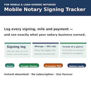 Mobile Notary Signing Tracker | Signing Log, Mileage and Payment Tracker for Notaries | Excel Google Sheets