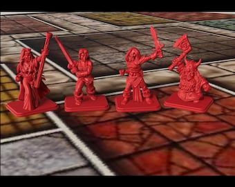 May include: Four red miniature fantasy figures on a game board. The figures include a female mage with a staff, a warrior with a sword, a female warrior with a sword, and a dwarf with an axe. The figures are standing on individual red bases.