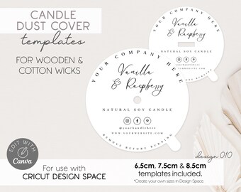 May include: White candle dust cover templates for wooden and cotton wicks. The templates feature the text "Your Company Here" and "Vanilla & Raspberry" with social media icons and a website address. The templates are available in 6.5cm, 7.5cm, and 8.5cm sizes.  The text "Design 010" is in the bottom right corner.