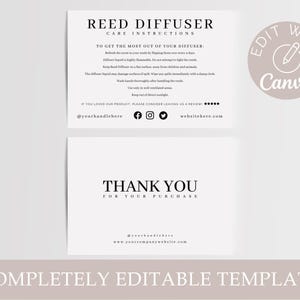 Puede incluir: Plantilla de instrucciones de cuidado para difusor de juncos imprimible en blanco y negro con el texto "Reed Diffuser Care Instructions" y "To Get The Most Out Of Your Diffuser". La plantilla también incluye iconos de redes sociales y el texto "Thank You For Your Purchase".