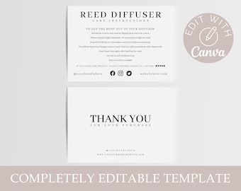 May include: Black and white printable reed diffuser care instructions template with the text "Reed Diffuser Care Instructions" and "To Get The Most Out Of Your Diffuser". The template also includes social media icons and the text "Thank You For Your Purchase".