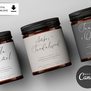 Peut inclure: Trois pots de bougies en verre avec des couvercles noirs et des étiquettes. Les étiquettes ont du texte blanc sur fond noir et du texte blanc sur fond blanc. Les bougies sont étiquetées "Vanilla Caramel", "Amber + Sandalwood" et "Tea Salt + Orchid". Chaque étiquette comprend le texte "Your Candle Co" et "Natural Soy Candle". Les bougies sont coulées à la main en Australie et pèsent 300 g (10,6 oz).