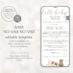 Pode incluir: Um modelo imprimível para um anúncio de chá de bebê. O modelo é branco com texto marrom e uma ilustração fofa de animais da floresta. O texto diz "hello baby! Our little one is arriving soon! Please help us keep them healthy and safe - No Vax - No Visit".