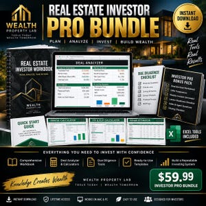May include: A digital real estate investor pro bundle featuring a spiral-bound workbook, a laptop displaying a deal analyzer spreadsheet, a due diligence checklist, and an investor pro bonus pack. Includes Excel tools, a quick start guide, and icons.