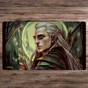 May include: A portrait of an elf with long white hair, wearing a green and brown tunic and holding a bow and arrow. The elf has a serious expression on their face and is looking to the left. The background is a dark forest with a glowing circle behind the elf.
